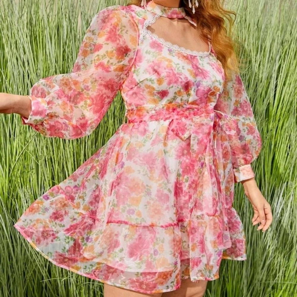 Pink floral print puffy dress